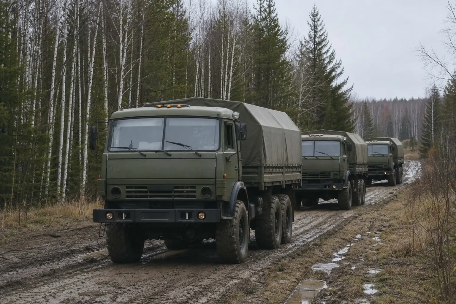 Колонна КамАЗ на маршруте обеспечения